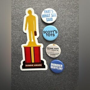 The Office Pin & Magnet Lot – 4 Pins + Dundie Award Magnet TV Show Collectibles